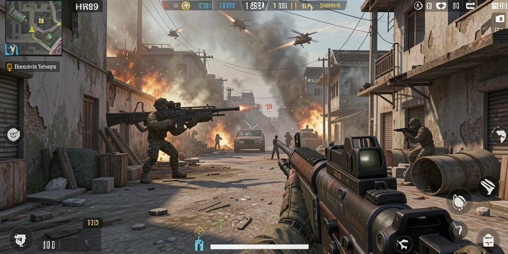Screenshot utama HR89 menampilkan aksi intens dalam pertempuran FPS.
