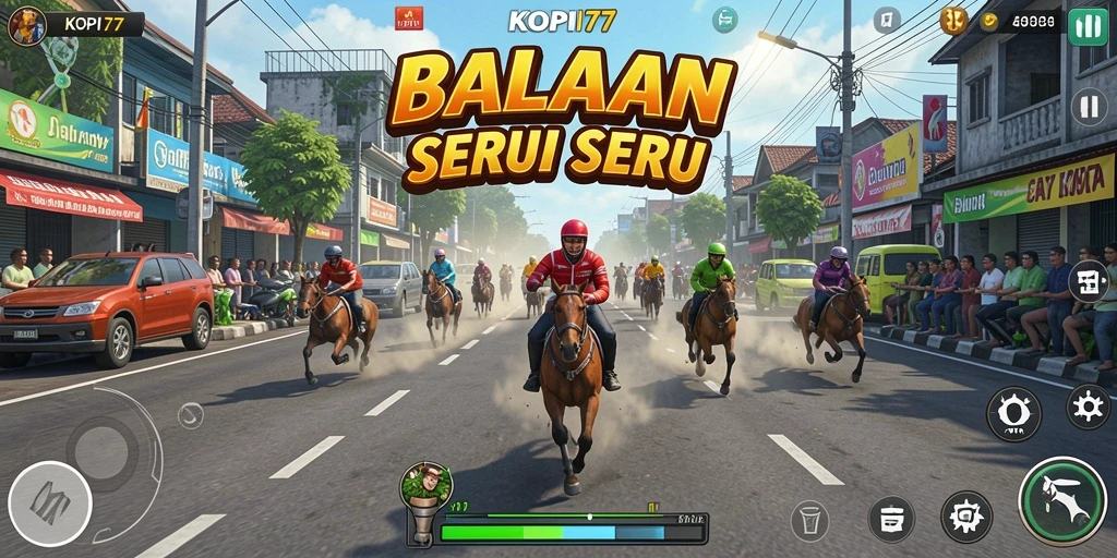 Screenshot KOPI77 menunjukkan balapan seru di jalanan kota yang ramai.