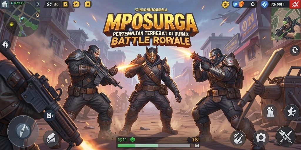 Screenshot utama MPOSURGA menampilkan pertempuran epik dalam game Battle Royale.