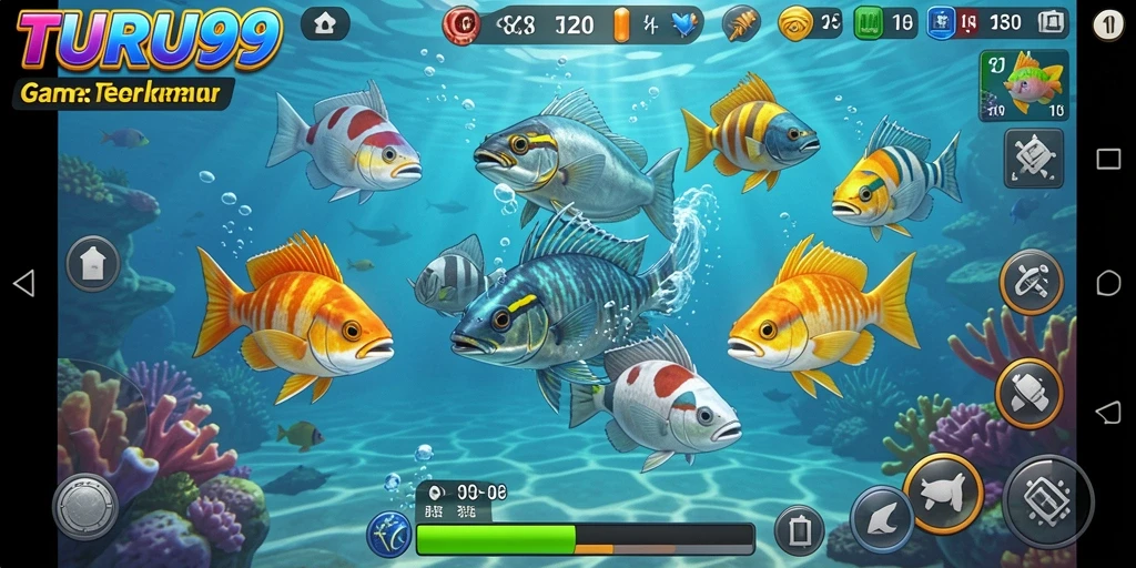 Screenshot utama TURU99 menampilkan aksi seru menangkap ikan.