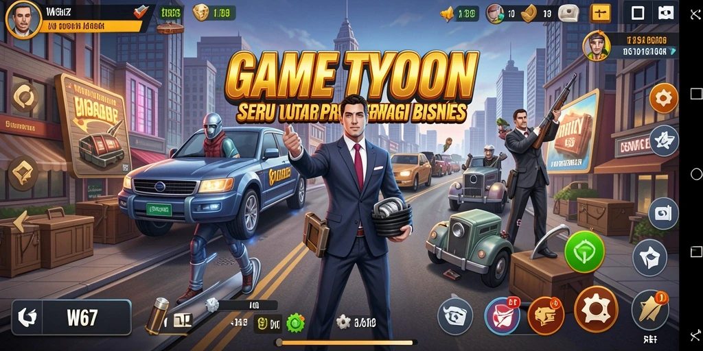 Screenshot gameplay W67 menunjukkan keseruan mengelola bisnis Tycoon.